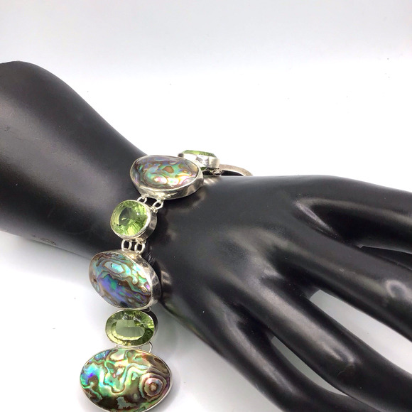 Sterling Silver Abalone Peridot Bracelet 925 Adjustable up to 8" - Picture 3 of 12